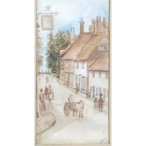 200 - A. E. Beney, Early 20th century, Watercolour, A village street scene with horse, cart and figures ou... 