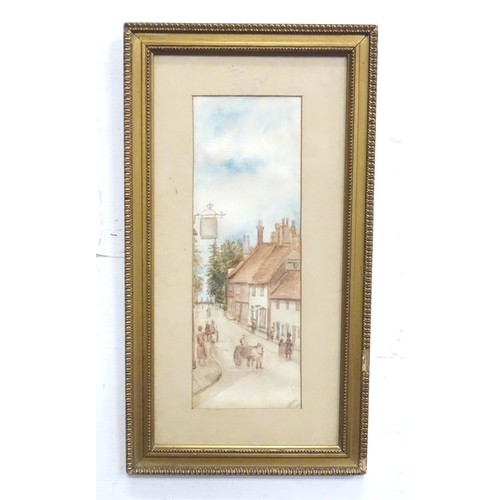 200 - A. E. Beney, Early 20th century, Watercolour, A village street scene with horse, cart and figures ou... 