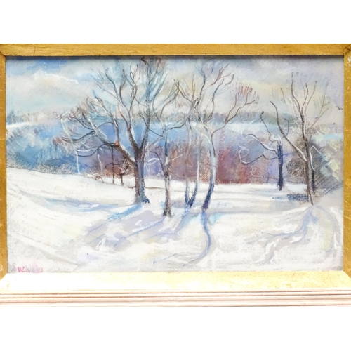 204 - A 20thC pastel by Sue Wales depicting a winter landscape. Signed lower left. Approx. 11 3/4