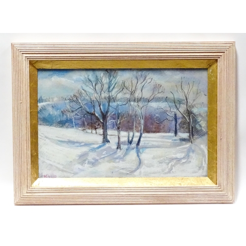 204 - A 20thC pastel by Sue Wales depicting a winter landscape. Signed lower left. Approx. 11 3/4