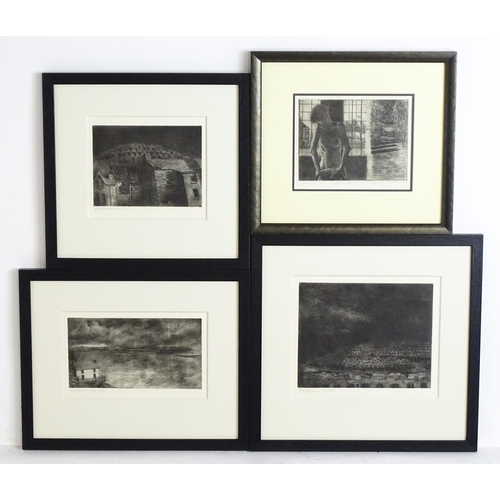 205 - John Tatchell Freeman (b. 1958), Four etchings, comprising A view of the Welsh village Ogmore Vale, ... 