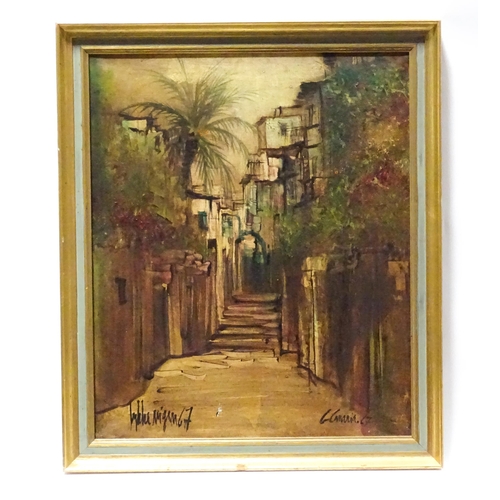 223 - A 20thC Continental oil on canvas depicting a street scene. Indistinctly signed and dated '67 lower.... 