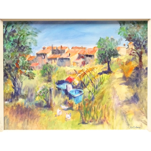 227 - Godman, 20th century, Oil on canvas board, A rural scene with chickens. Signed lower right. Approx. ... 