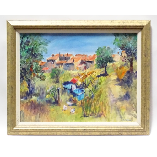 227 - Godman, 20th century, Oil on canvas board, A rural scene with chickens. Signed lower right. Approx. ... 