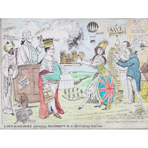 229 - After James Gillray (1756-1815), Coloured print, Lord Rosebery offering Muchmore to a declining nati... 