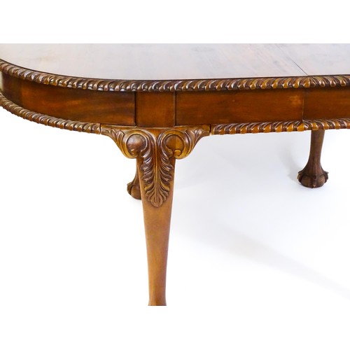 237 - A mahogany dining table with an oval, gadrooned table top above four large cabriole legs with acanth... 