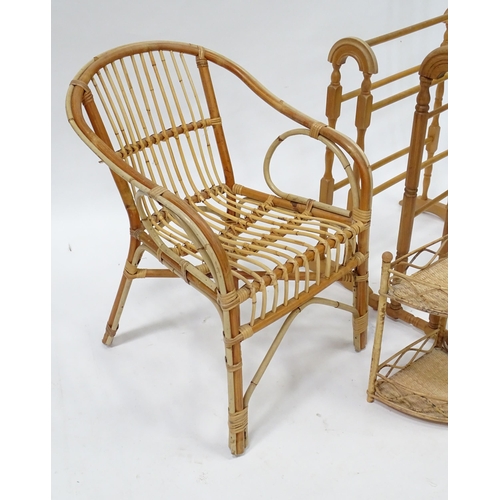 246 - Two pine towel rails, together with a rattan and bamboo chair and a set of corner shelves.