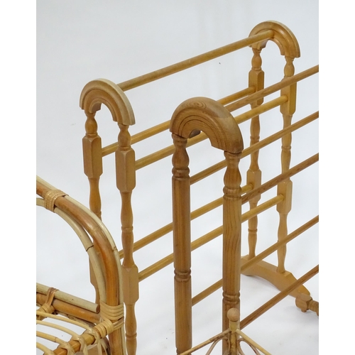 246 - Two pine towel rails, together with a rattan and bamboo chair and a set of corner shelves.