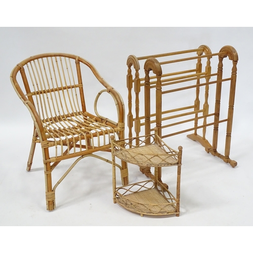 246 - Two pine towel rails, together with a rattan and bamboo chair and a set of corner shelves.