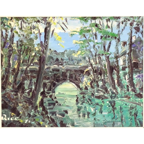 255 - Brian Rice, 20th century, Oil on board, A stone arch bridge over a wooded river. Signed and dated (1... 