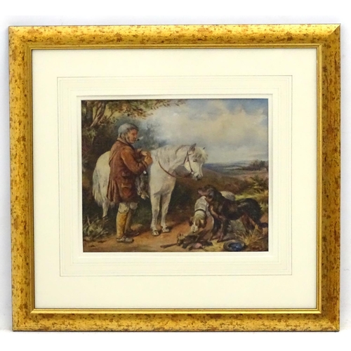 259 - A late 19th / early 20thC watercolour depicting a man with a horse and two dogs in a landscape. Appr... 