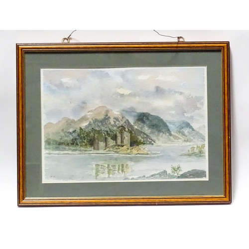 270 - Walter Staples, 20th century, Watercolours, A castle scene with mountains beyond, possibly Kilchurn ... 