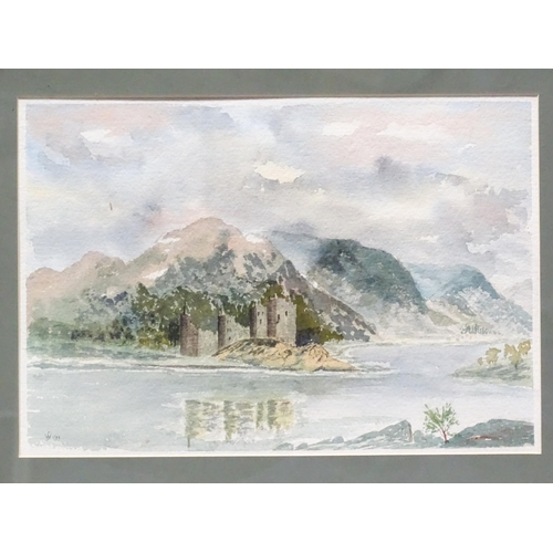 270 - Walter Staples, 20th century, Watercolours, A castle scene with mountains beyond, possibly Kilchurn ... 