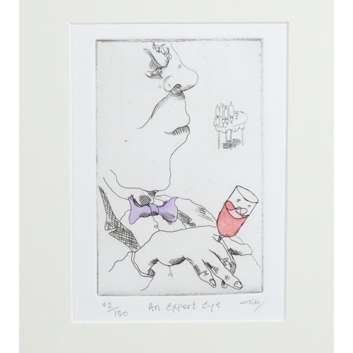 274 - Tim Bulmer (b. 1958), Limited edition hand coloured etchings, Three humorous wine related etchings c... 