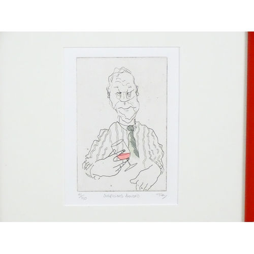 274 - Tim Bulmer (b. 1958), Limited edition hand coloured etchings, Three humorous wine related etchings c... 