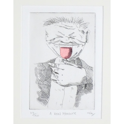 274 - Tim Bulmer (b. 1958), Limited edition hand coloured etchings, Three humorous wine related etchings c... 