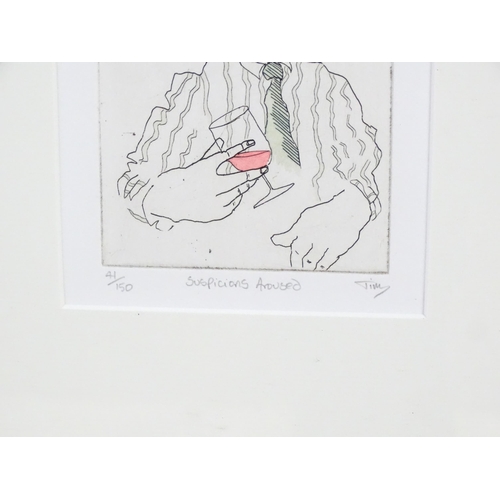 274 - Tim Bulmer (b. 1958), Limited edition hand coloured etchings, Three humorous wine related etchings c... 