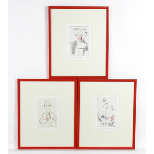 274 - Tim Bulmer (b. 1958), Limited edition hand coloured etchings, Three humorous wine related etchings c... 