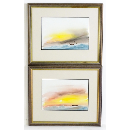 378 - Thomas Castle, 20th century, Watercolours, A pair of coastal sunset scenes with shipping. Signed wit... 