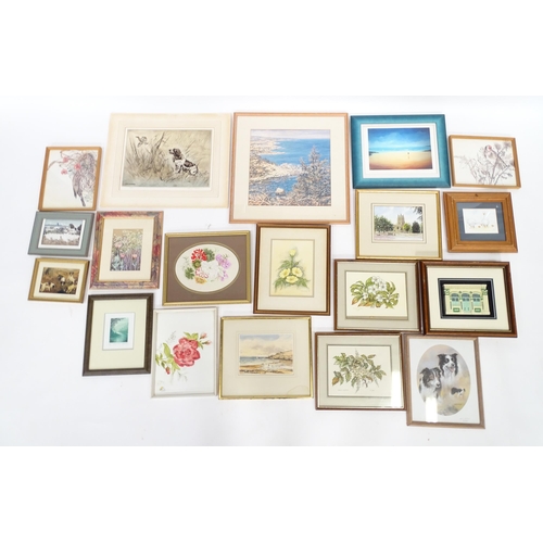 416 - A quantity of assorted watercolours and prints to include flower studies by Lin Collier, beach scene... 