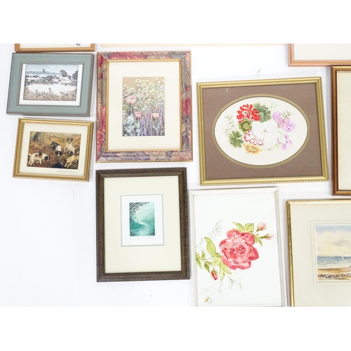 416 - A quantity of assorted watercolours and prints to include flower studies by Lin Collier, beach scene... 