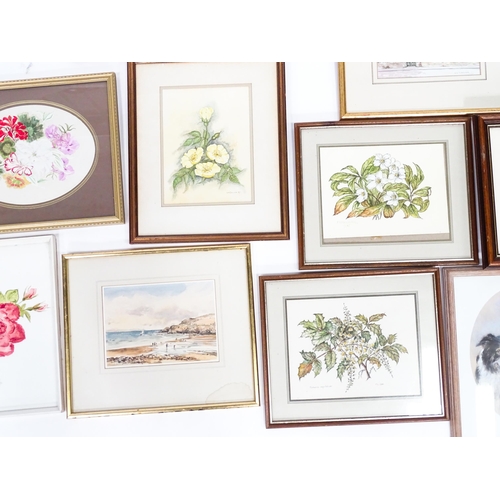 416 - A quantity of assorted watercolours and prints to include flower studies by Lin Collier, beach scene... 