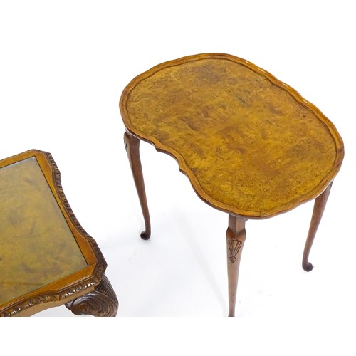 437 - Two burr walnut veneered tables, one a side  table raised on four shell carved legs with a shaped to... 