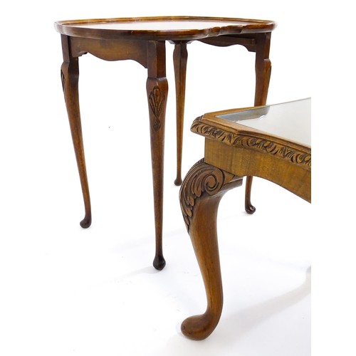 437 - Two burr walnut veneered tables, one a side  table raised on four shell carved legs with a shaped to... 