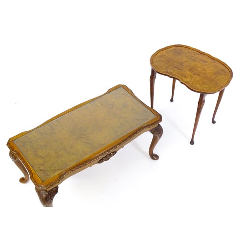 437 - Two burr walnut veneered tables, one a side  table raised on four shell carved legs with a shaped to... 