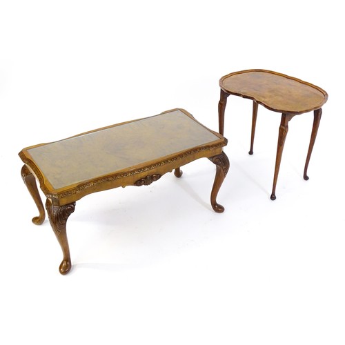 437 - Two burr walnut veneered tables, one a side  table raised on four shell carved legs with a shaped to... 