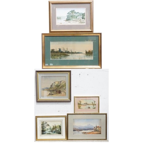 438 - A quantity of assorted 19th century and later watercolours to include a river landscape with windmil... 