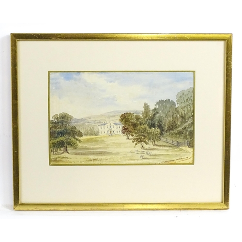 474 - Early 20th century, Watercolour, A country house in a wooded landscape with sheep. Approx. 5 1/2