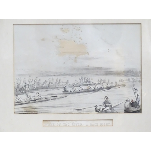 477 - A rowing interest lithograph titled Scene on the River A Race Night. Published by J. Ryman, Oxford. ... 