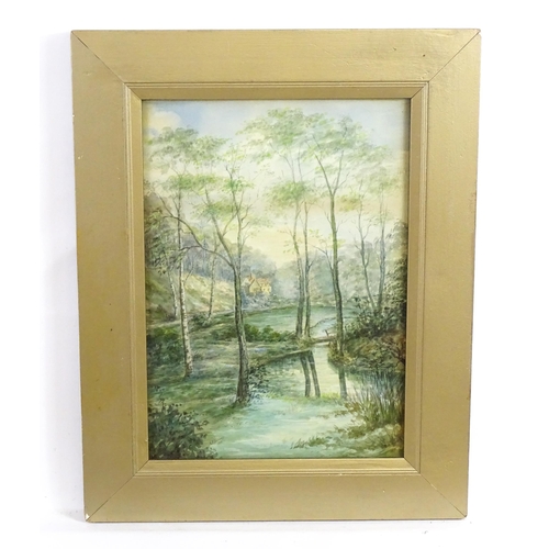 478 - A. F. Villiers, Early 20th century, Watercolour, A wooded river landscape with a view of a house. Si... 