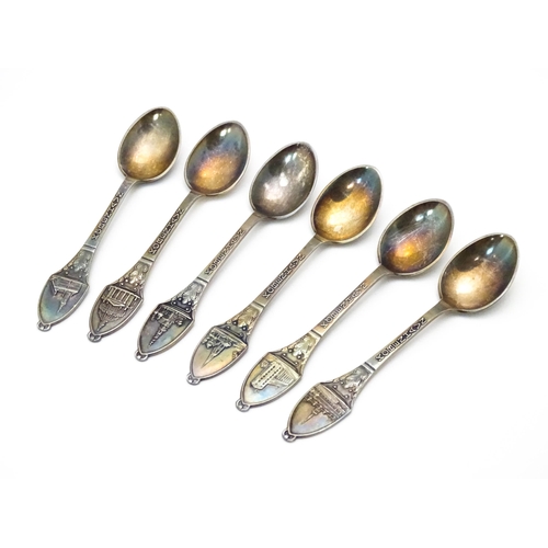 516 - 6 Danish silver plate souvenir spoons. Titles Kobenhavn / Copenhagen, the handles decorated with var... 