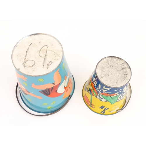 818 - Two vintage tin seaside buckets with swing handles, decorated with children playing. Largest approx.... 