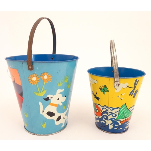 818 - Two vintage tin seaside buckets with swing handles, decorated with children playing. Largest approx.... 