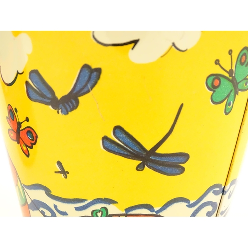 818 - Two vintage tin seaside buckets with swing handles, decorated with children playing. Largest approx.... 