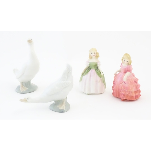 826 - Two Royal Doulton model of girls comprising Rose HN1362 and Penny HN2338, and two Nao geese. Marked ... 