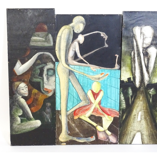 1076 - 20th century, Mixed media on paper laid on board, Four Surrealist works to include figures, masks, l... 