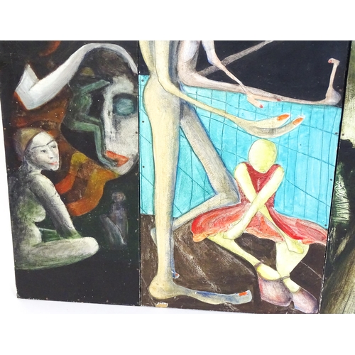 1076 - 20th century, Mixed media on paper laid on board, Four Surrealist works to include figures, masks, l... 