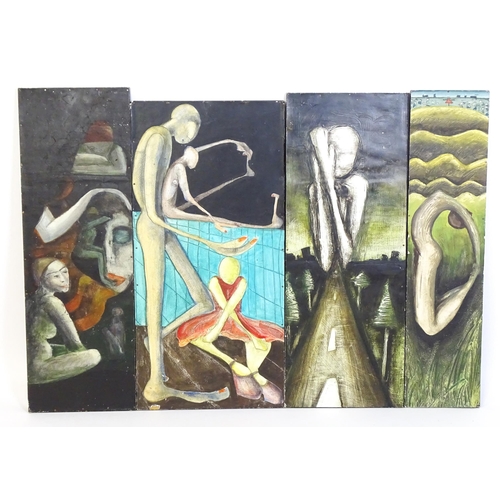 1076 - 20th century, Mixed media on paper laid on board, Four Surrealist works to include figures, masks, l... 