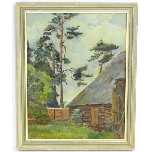 1082 - C. A. Mallion, 20th century, Oil on board, A study of a barn with trees. Signed and dated '74 lower ... 