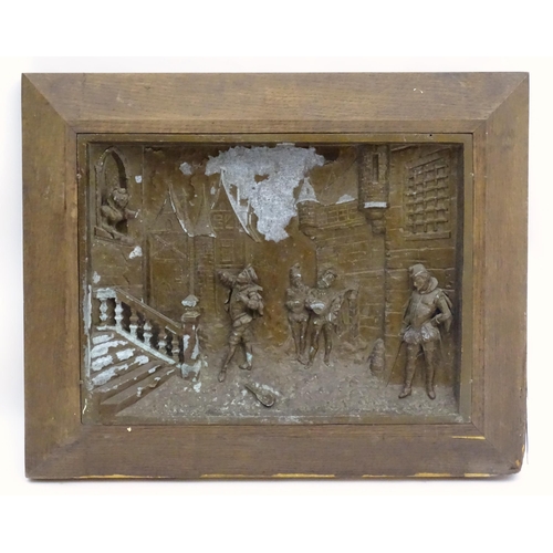 1086 - A late 19th / early 20thC cast tableau, depicting a town scene with stylised Romeo and Juliet figure... 