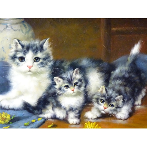 123 - A 20thC oil on board depicting a cat and kittens with a flower and vase. Frame approx. 15 3/4