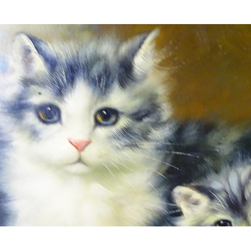 123 - A 20thC oil on board depicting a cat and kittens with a flower and vase. Frame approx. 15 3/4