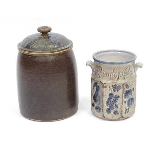 127 - A West German Rumtopfs pot marked 827-31. Together with a studio pottery lidded bread crock. Largest... 