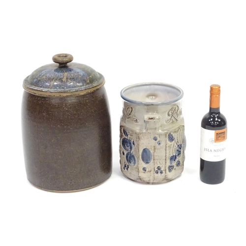 127 - A West German Rumtopfs pot marked 827-31. Together with a studio pottery lidded bread crock. Largest... 