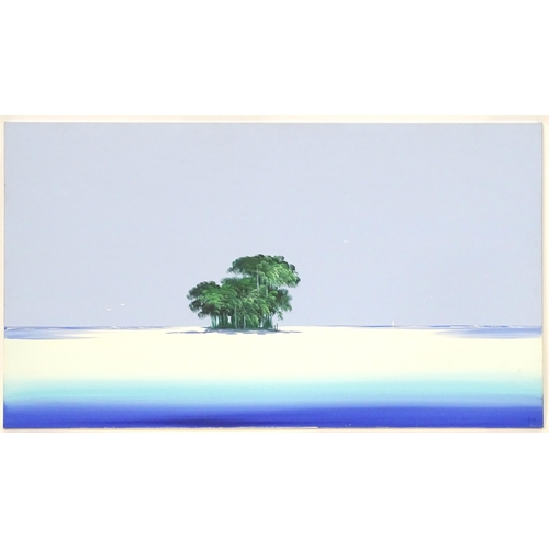 206 - A 21stC acrylic on canvas depicting a Caribbean style beach scene with trees. Signed lower right. Ap... 