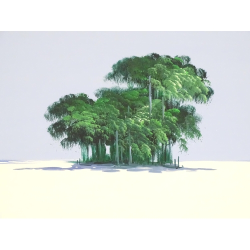 206 - A 21stC acrylic on canvas depicting a Caribbean style beach scene with trees. Signed lower right. Ap... 